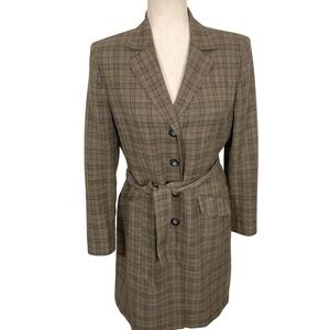 Le Suit Collections Overcoat Womens 8 Brown Plaid Belt Lightweight Longline